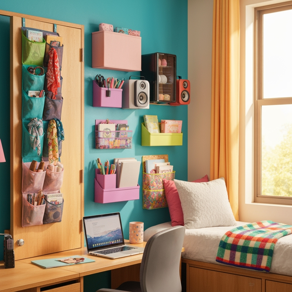 Creative vertical storage solutions in a dorm room