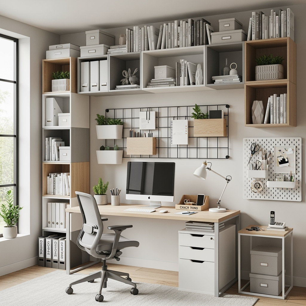 Organized home office storage solutions with vertical space utilization