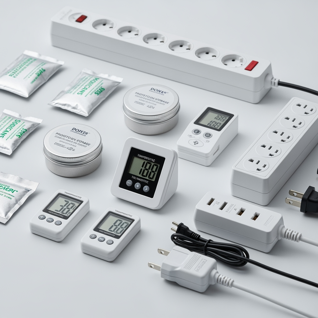 Protective storage supplies including moisture absorbers, temperature indicators, and surge protectors