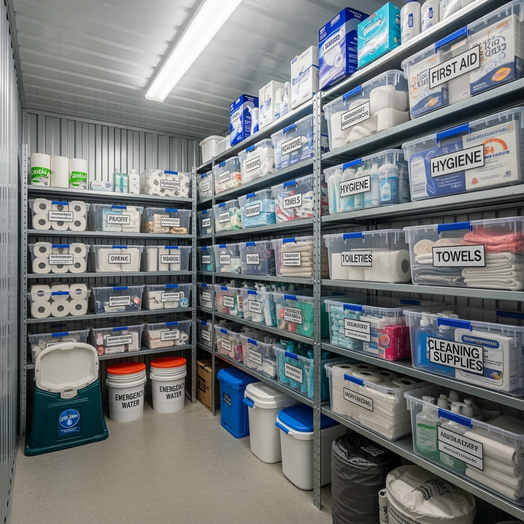 Climate-controlled storage unit with organized emergency supplies