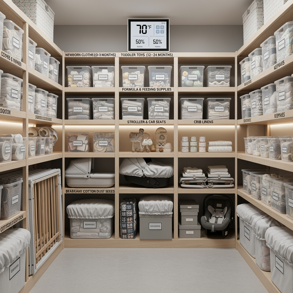 Climate-controlled storage unit organized for baby items