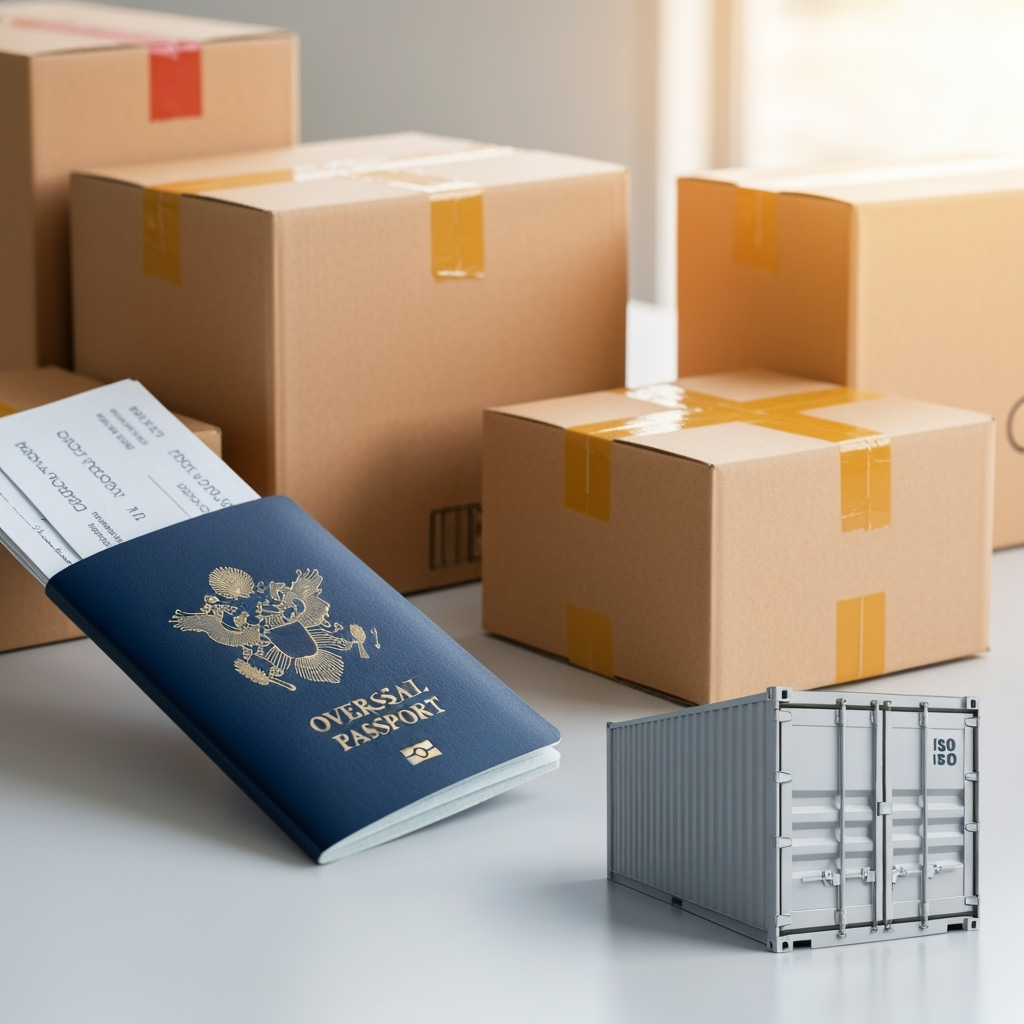 International moving essentials with passport and storage boxes
