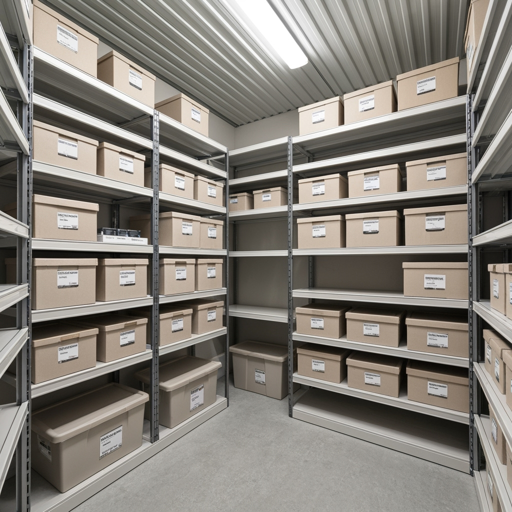 Modern storage unit with organized business inventory
