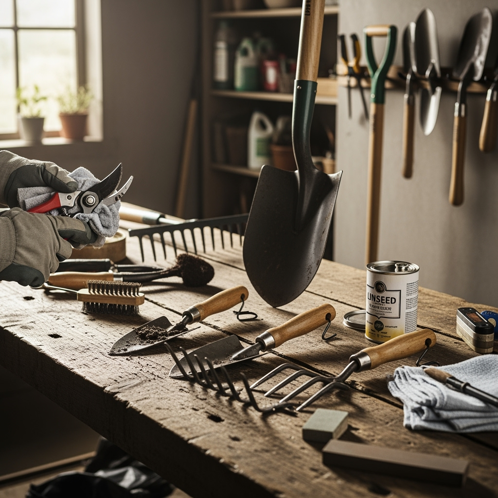 Garden tools being cleaned and prepared for storage