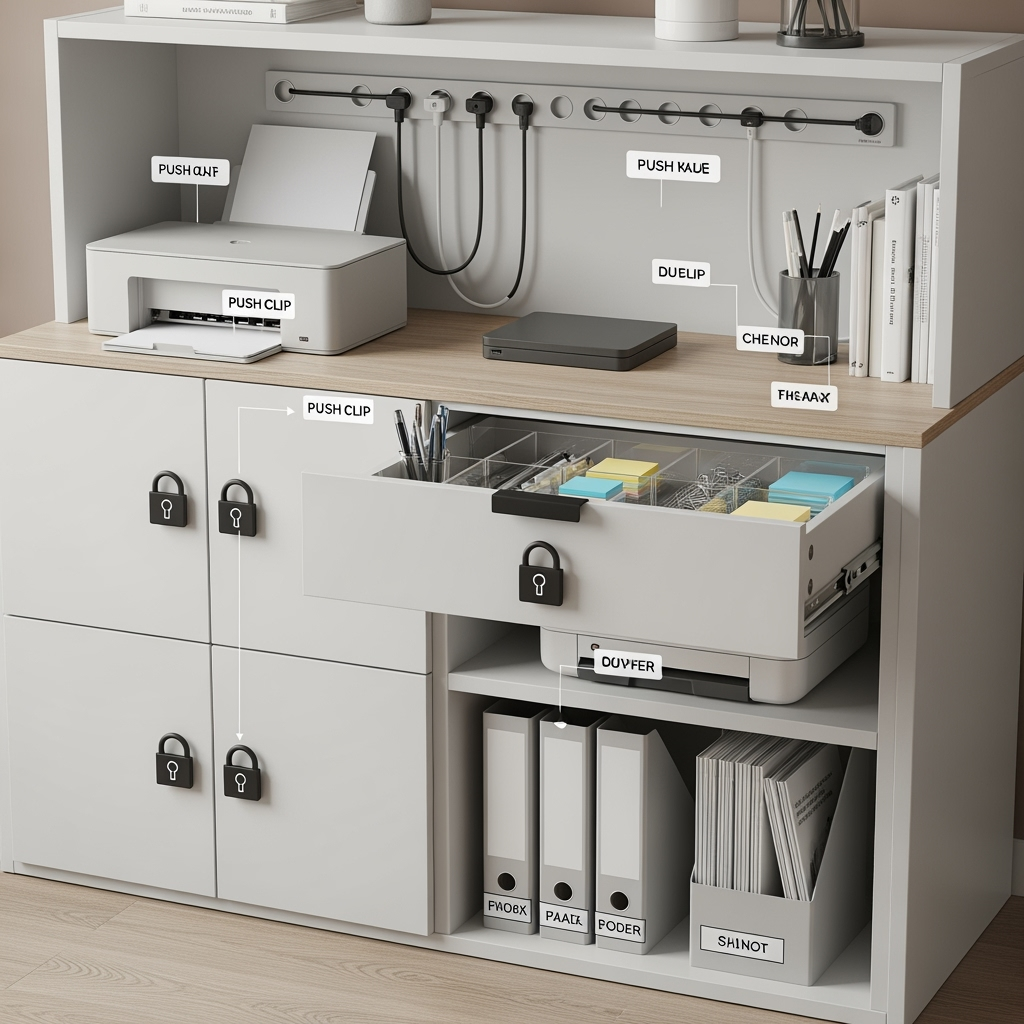 Organized storage solutions for home office equipment with child safety features
