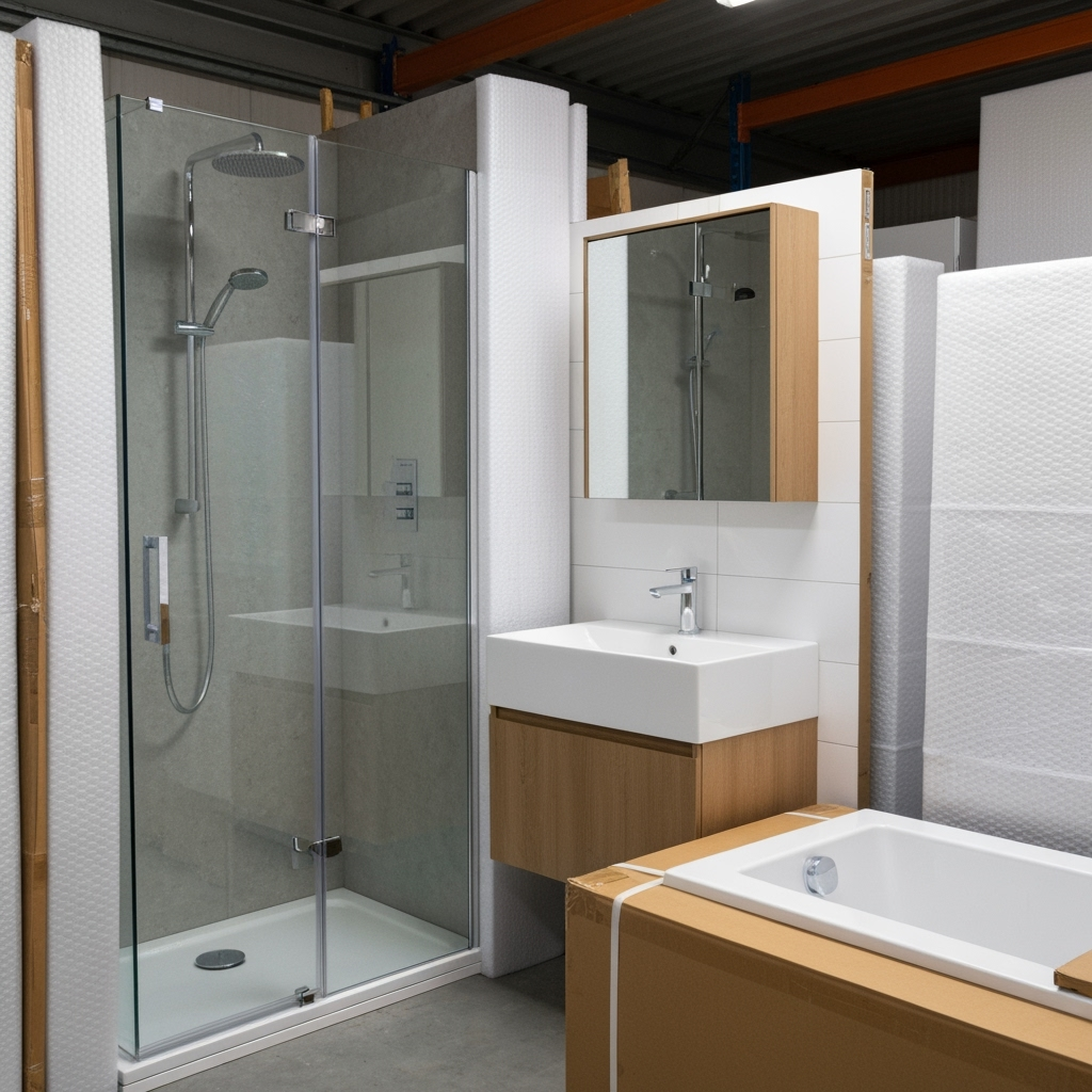 Protected bathroom fixtures and materials in storage