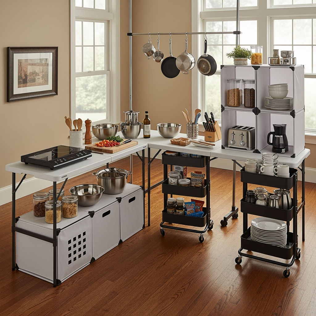 Temporary kitchen setup with organized storage and meal prep area