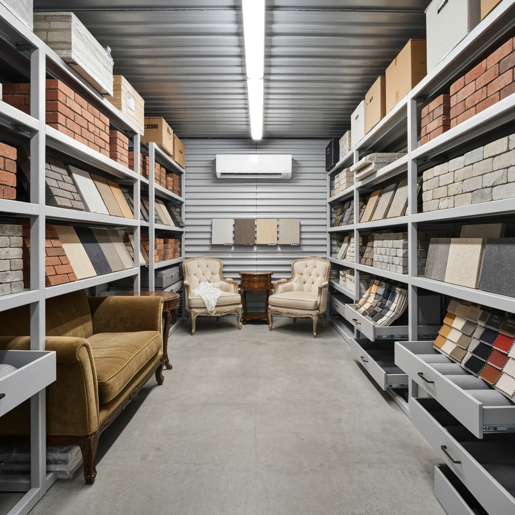 Climate-controlled storage unit with protected furniture and building materials