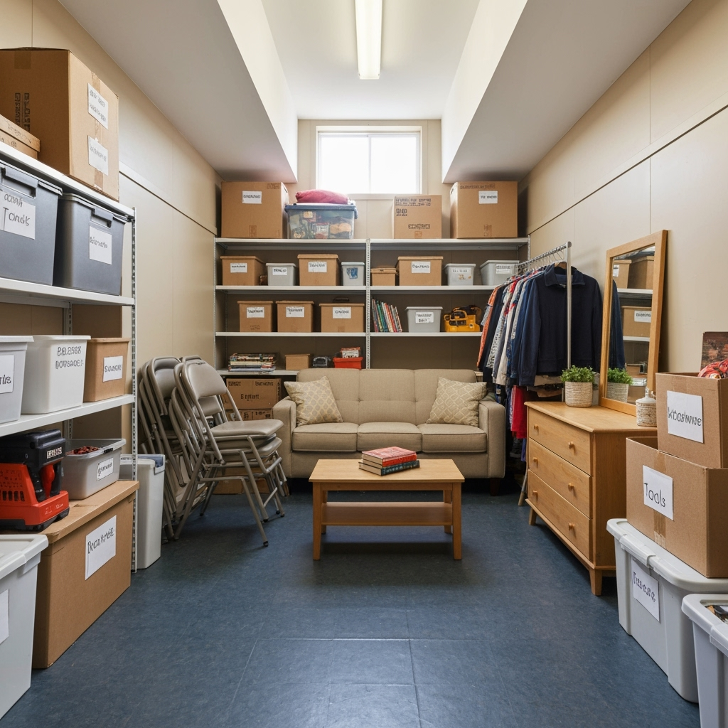 Organized storage unit with labeled boxes and furniture