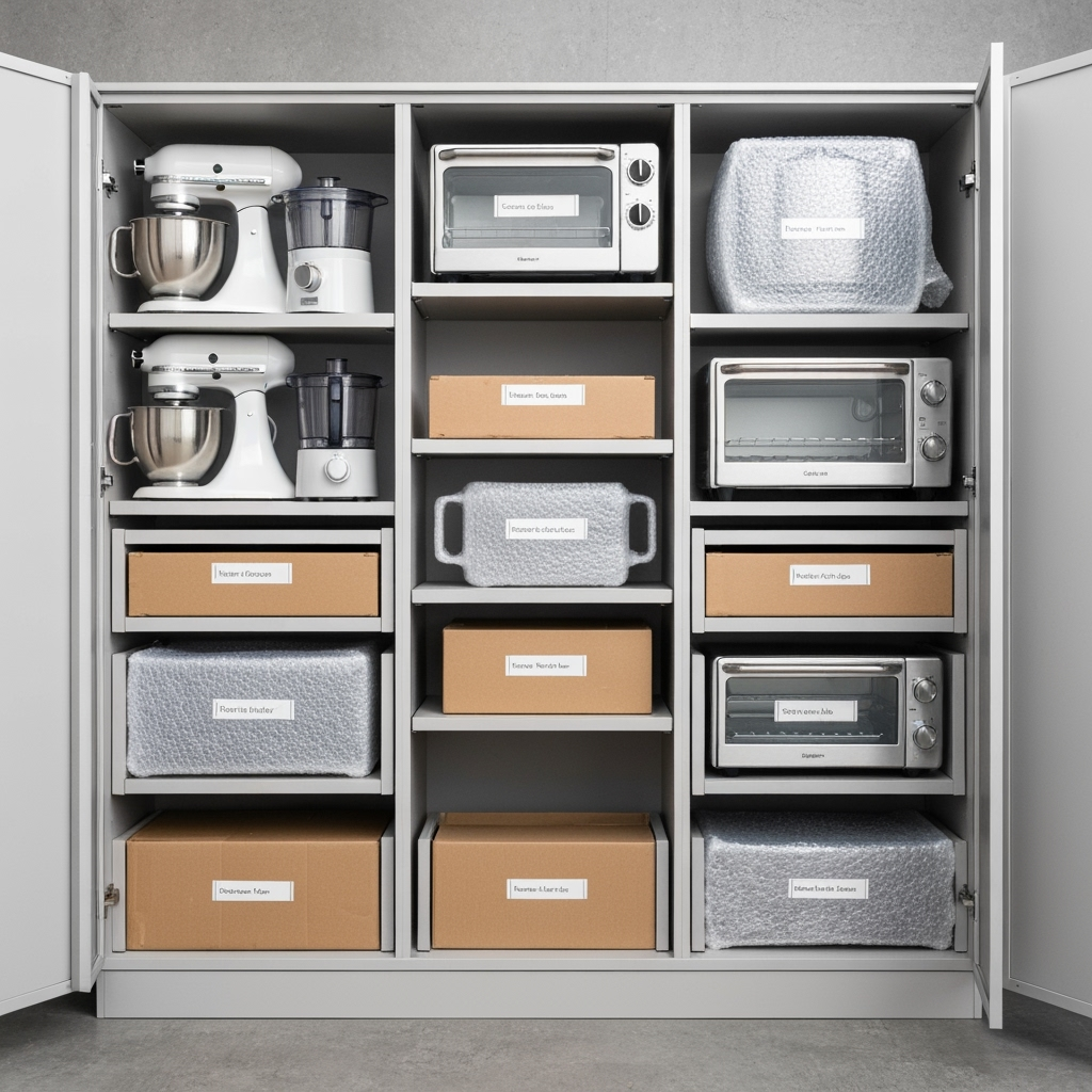 Kitchen appliances organized in storage unit
