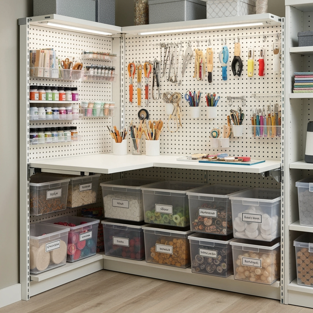 Well-organized craft storage unit with mobile workstation