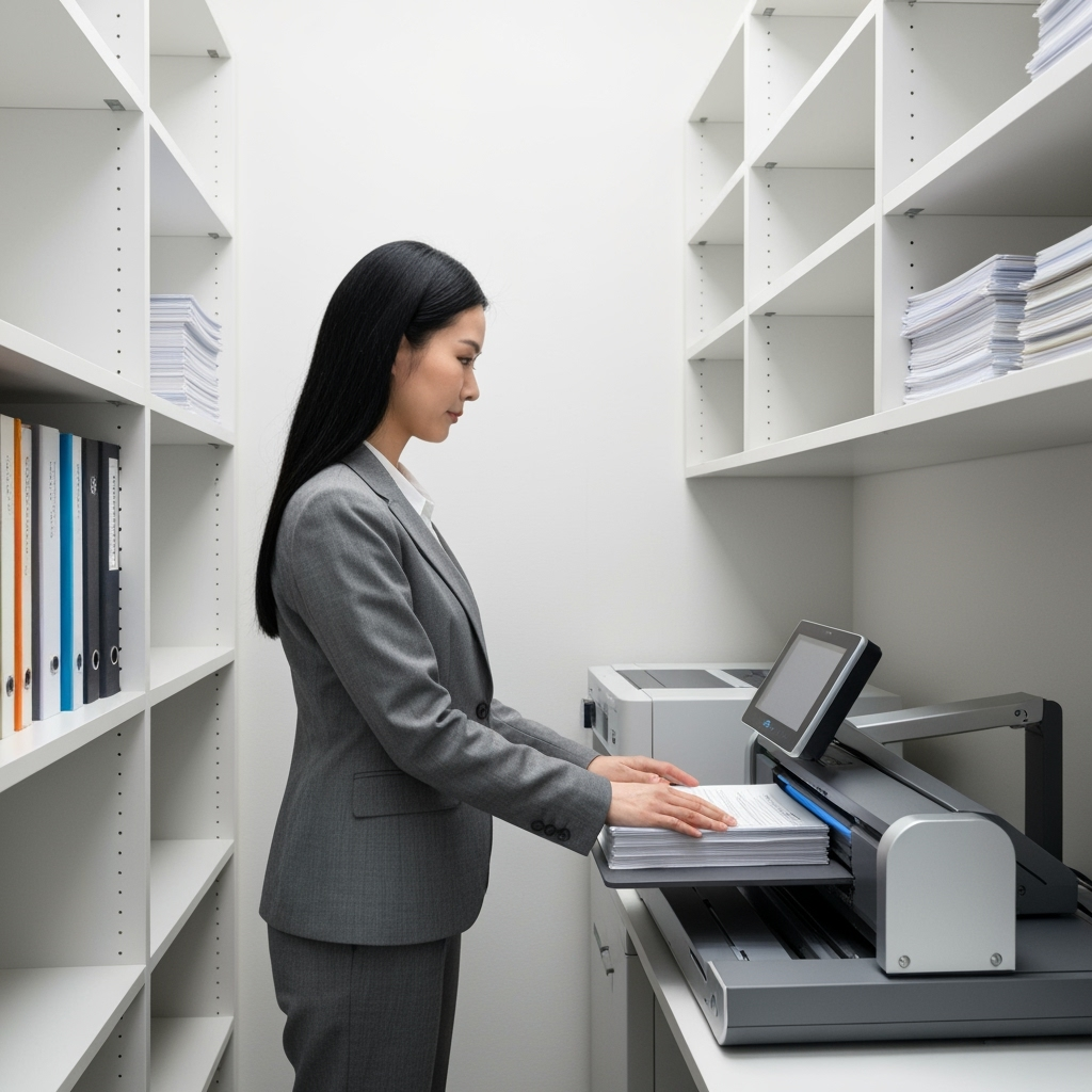 Person organizing and scanning documents in storage unit