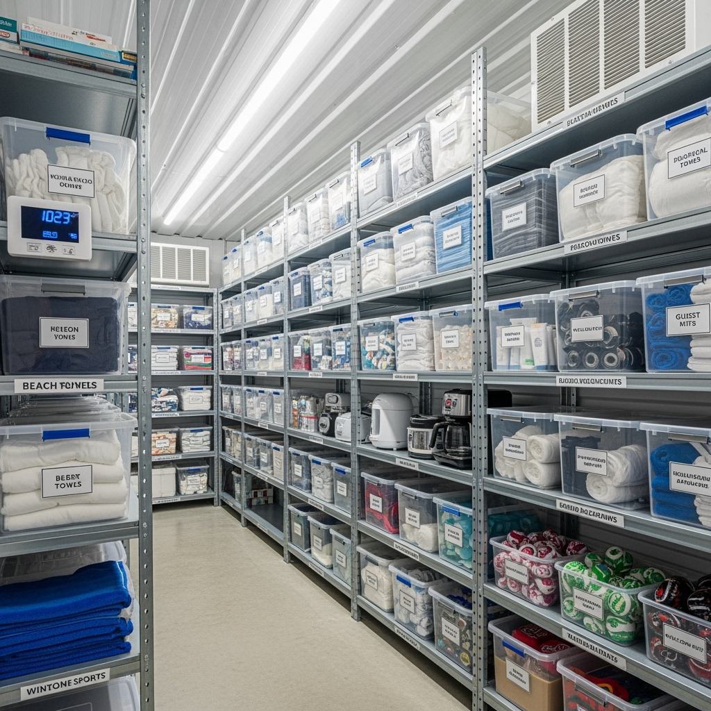 Organized storage shelves with vacation rental supplies