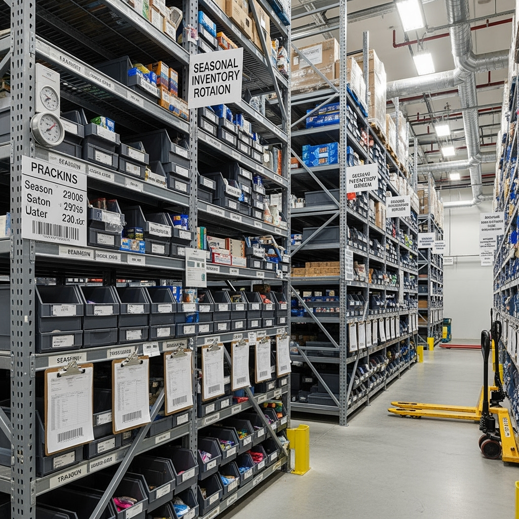Organized seasonal inventory rotation system in climate-controlled space