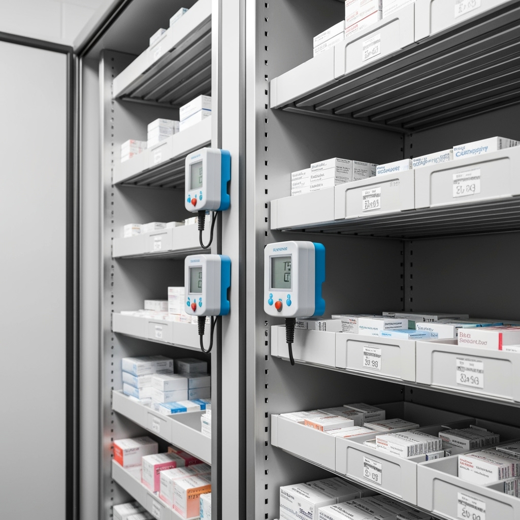 Organized medical supply storage with temperature monitoring equipment