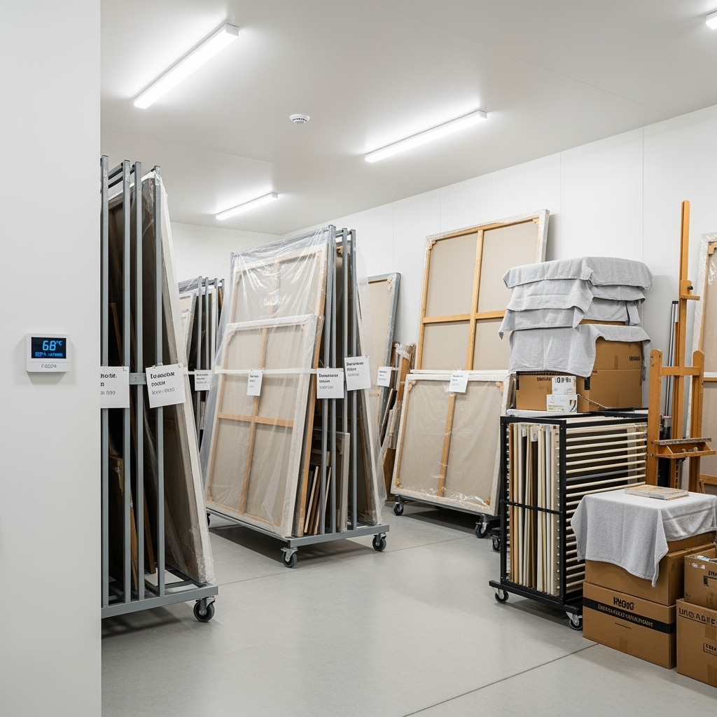 Wide view of properly organized art equipment in storage