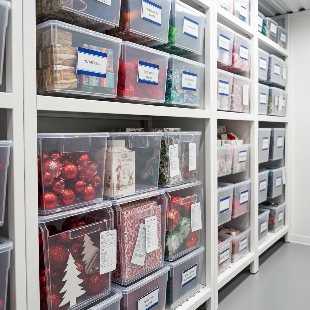 Detail of organized storage system for seasonal retail items