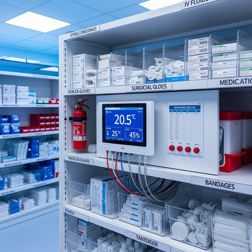 Temperature monitoring system and organized medical supply storage