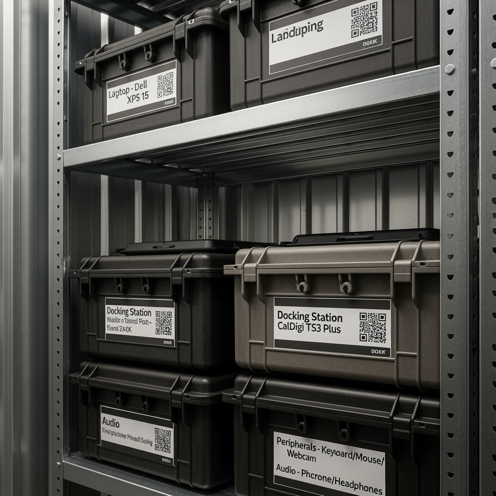 Organized remote work equipment in climate-controlled storage