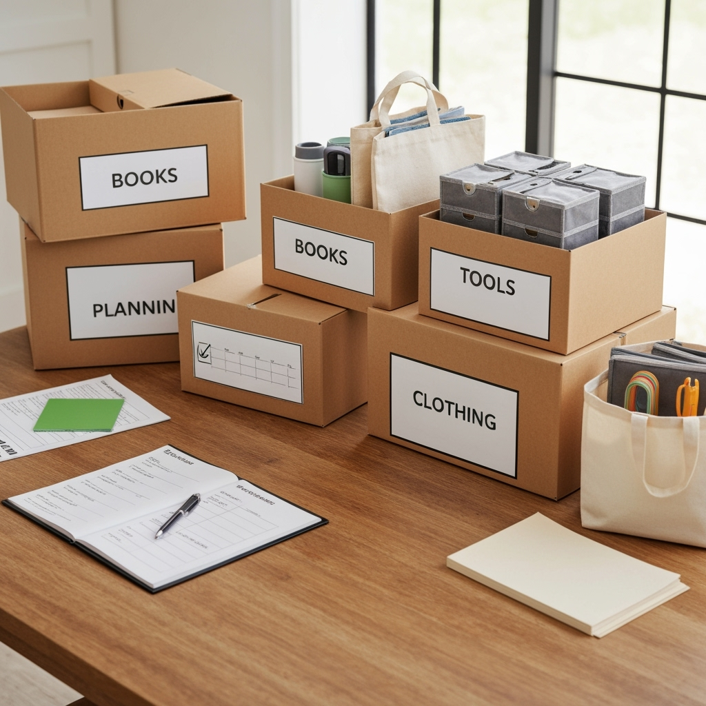 Organized storage boxes with clear labels and planning materials