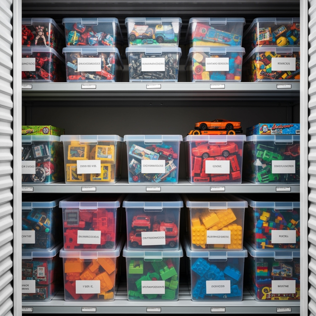 Organized storage unit with labeled toy boxes