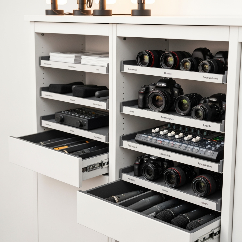Organized storage solutions for video and audio equipment in climate-controlled environment