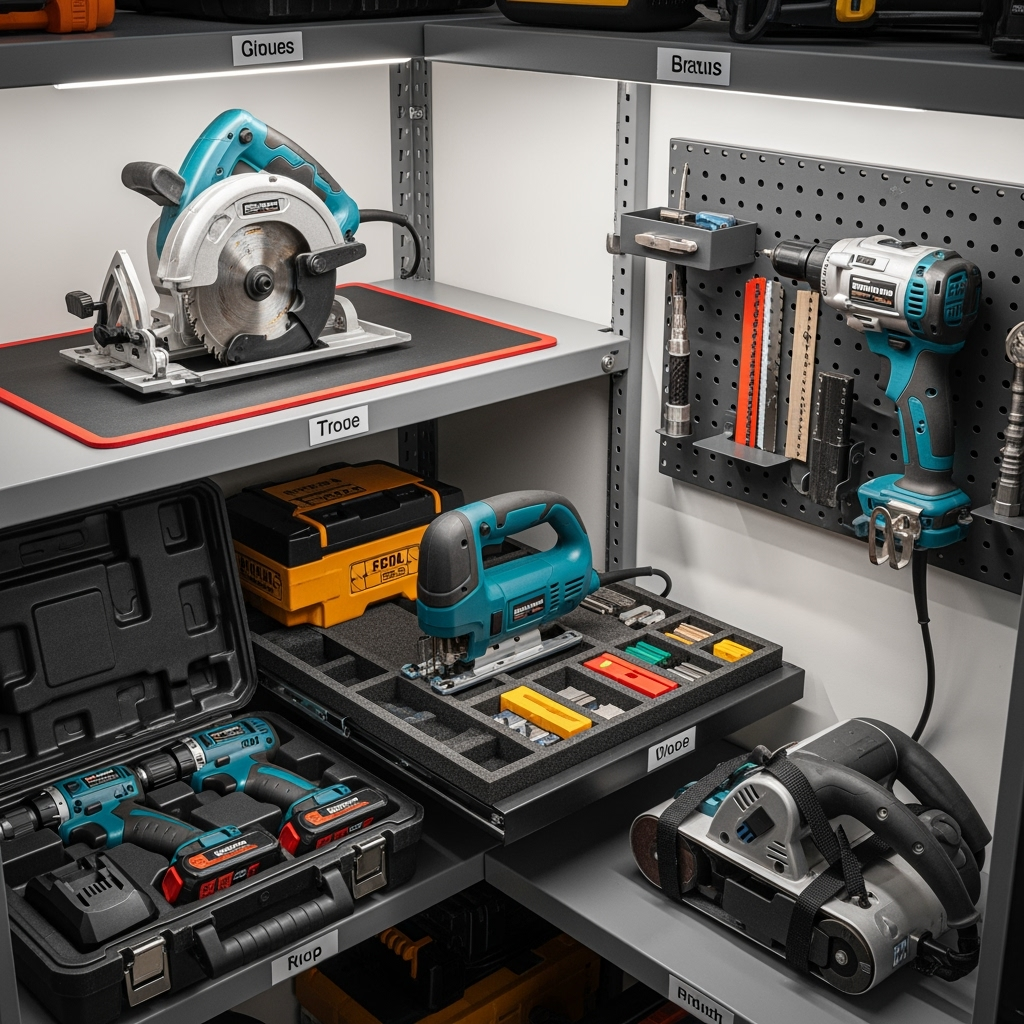 Organized power tools in storage unit with proper protection