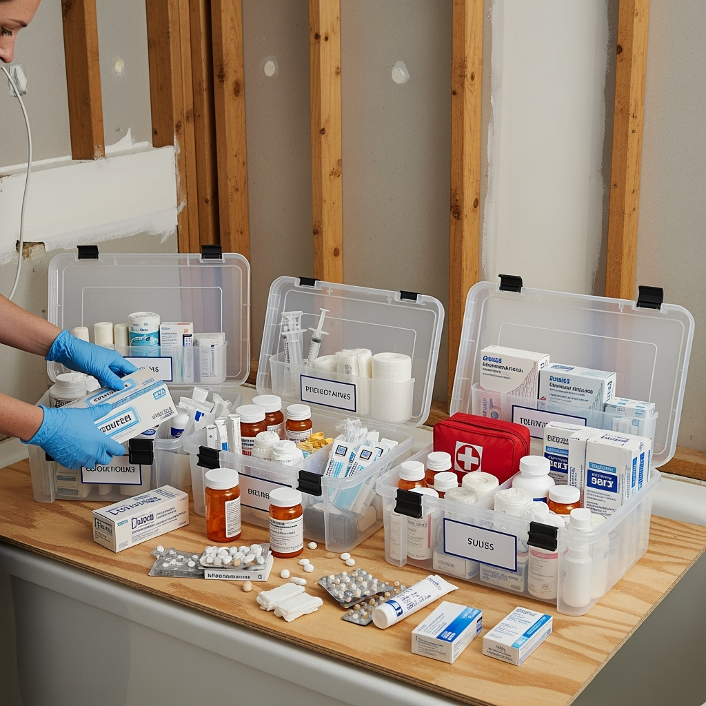 Bathroom under renovation with medical supplies being packed