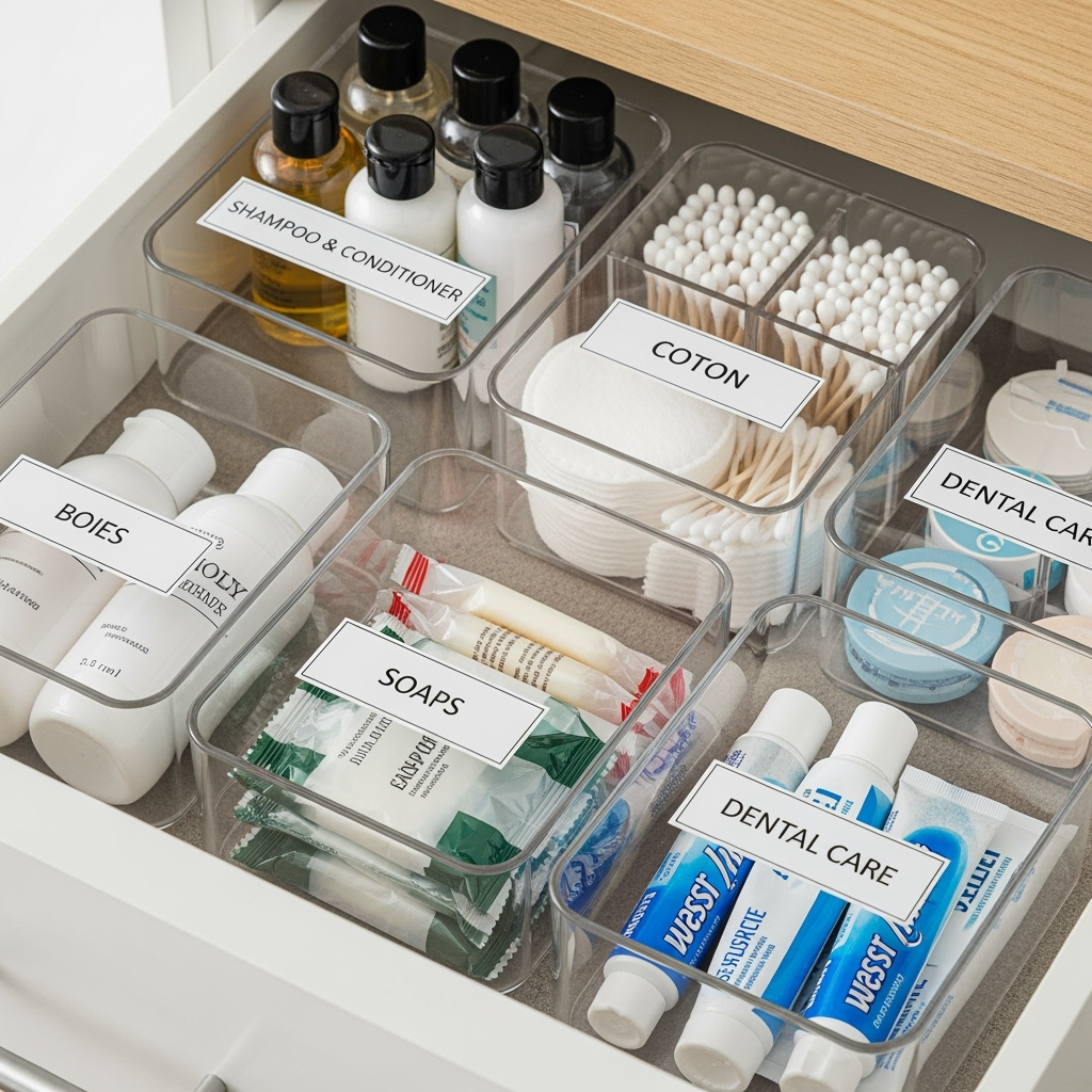 Organized bathroom items in protective storage containers