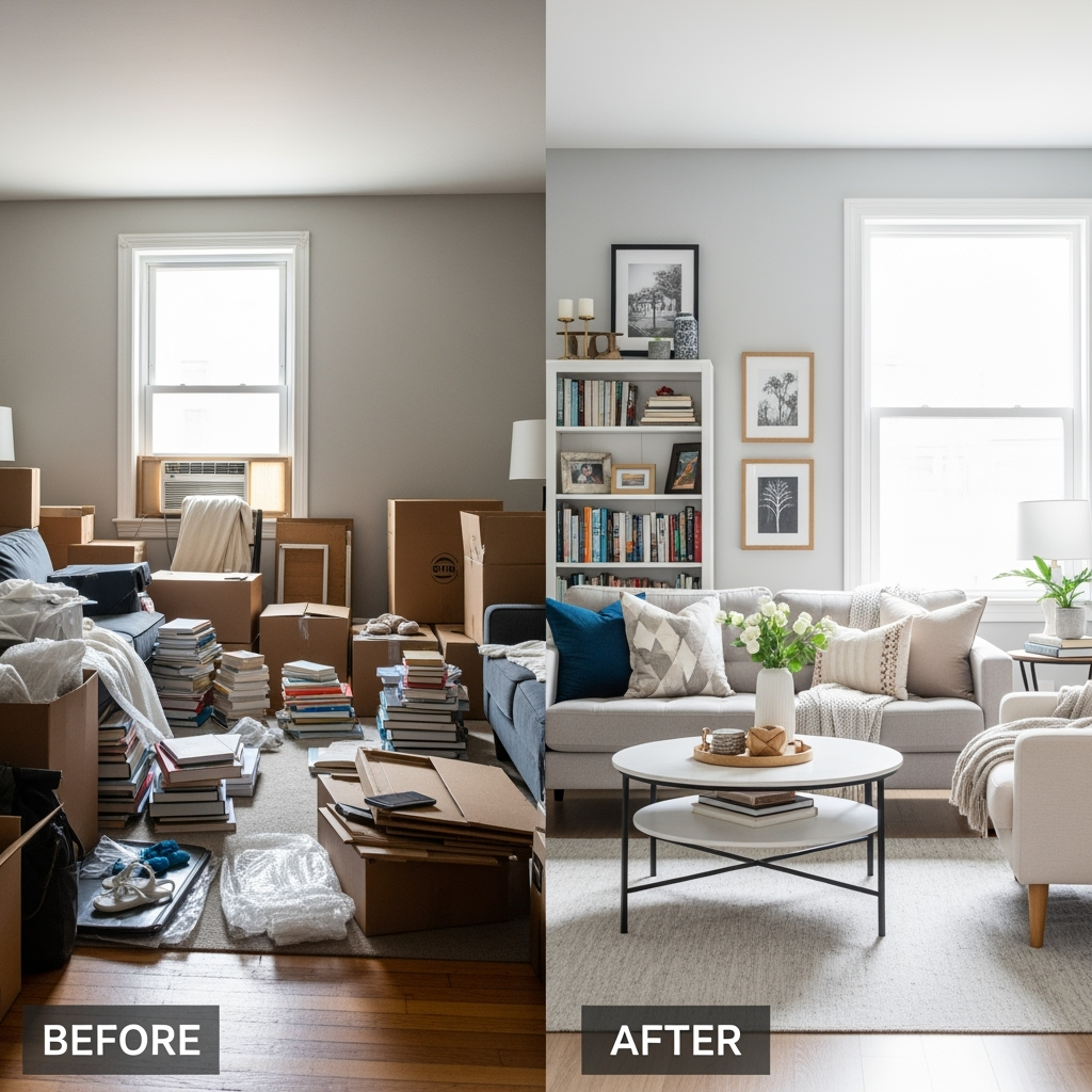 Before and after comparison of apartment items being organized into a house
