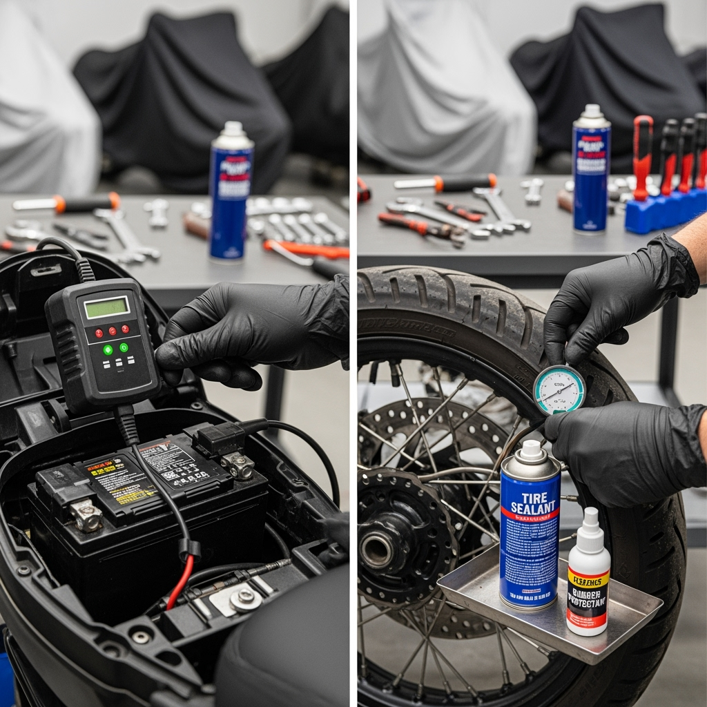 Motorcycle winterization maintenance steps being performed