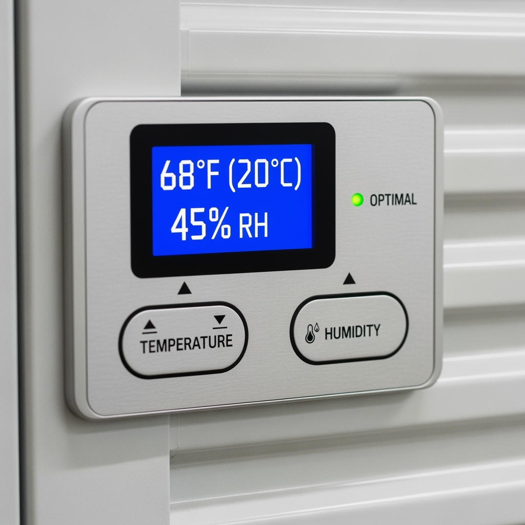 Temperature control panel in climate-controlled storage unit