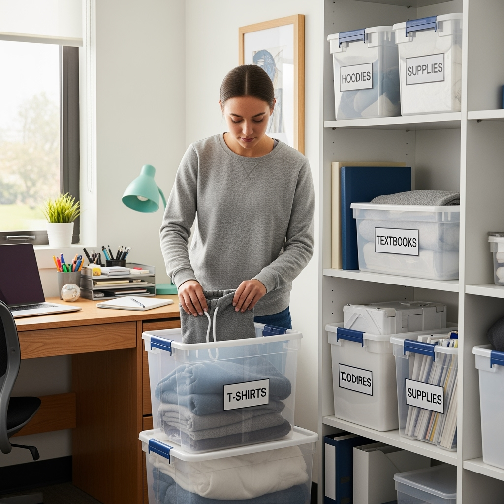 Student organizing belongings into storage containers