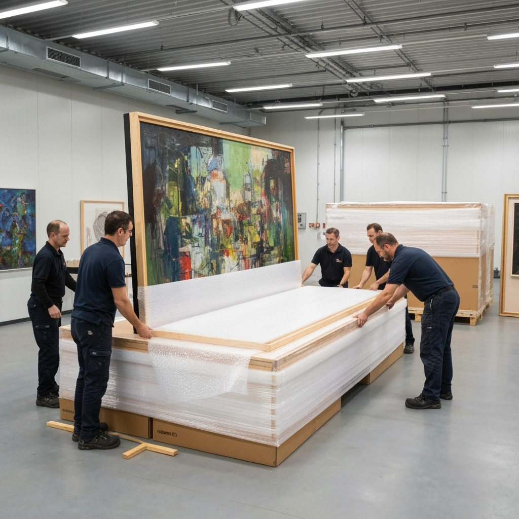 Art handling professionals preparing artwork for storage