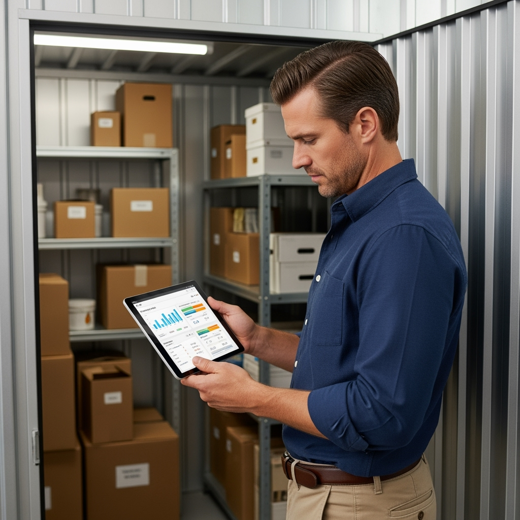 Business owner analyzing storage costs and inventory