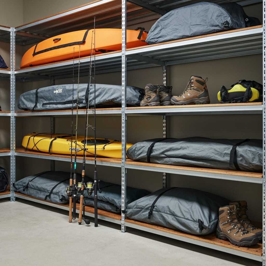 Well-organized outdoor recreation equipment in climate-controlled storage