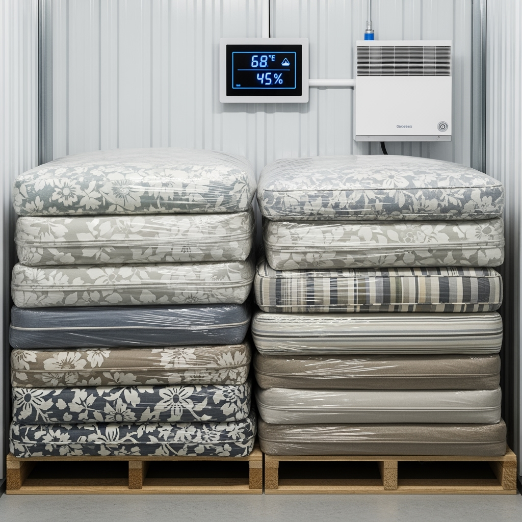 Properly cleaned and wrapped patio furniture cushions in climate-controlled storage