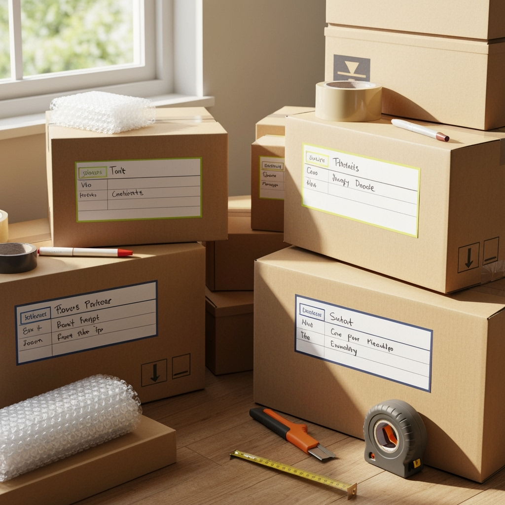 Organized moving boxes with clear labels