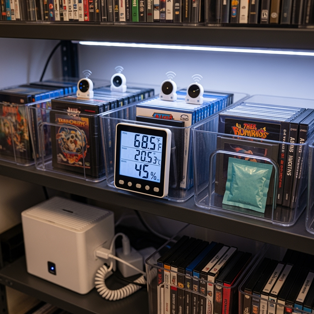 Temperature and humidity monitoring setup for video game storage