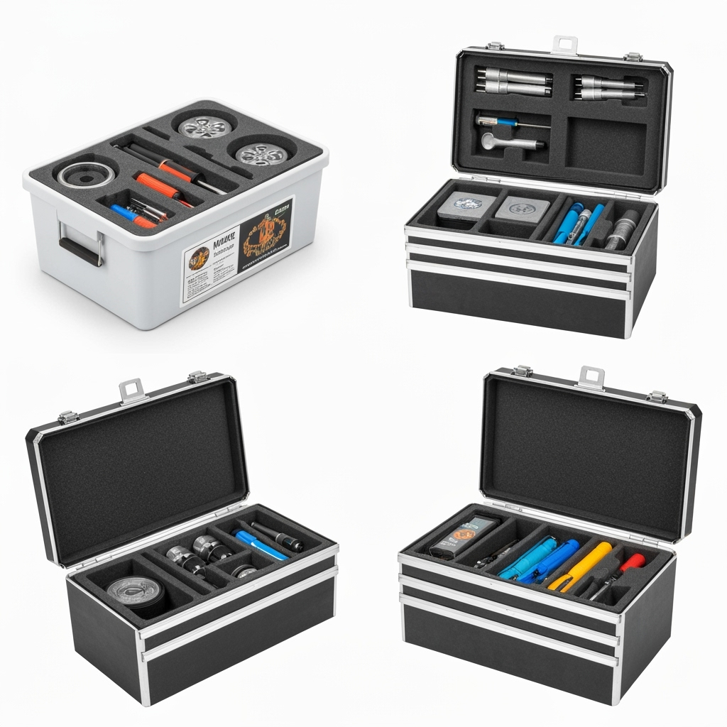 Different types of hobby equipment properly packed and labeled in protective storage containers