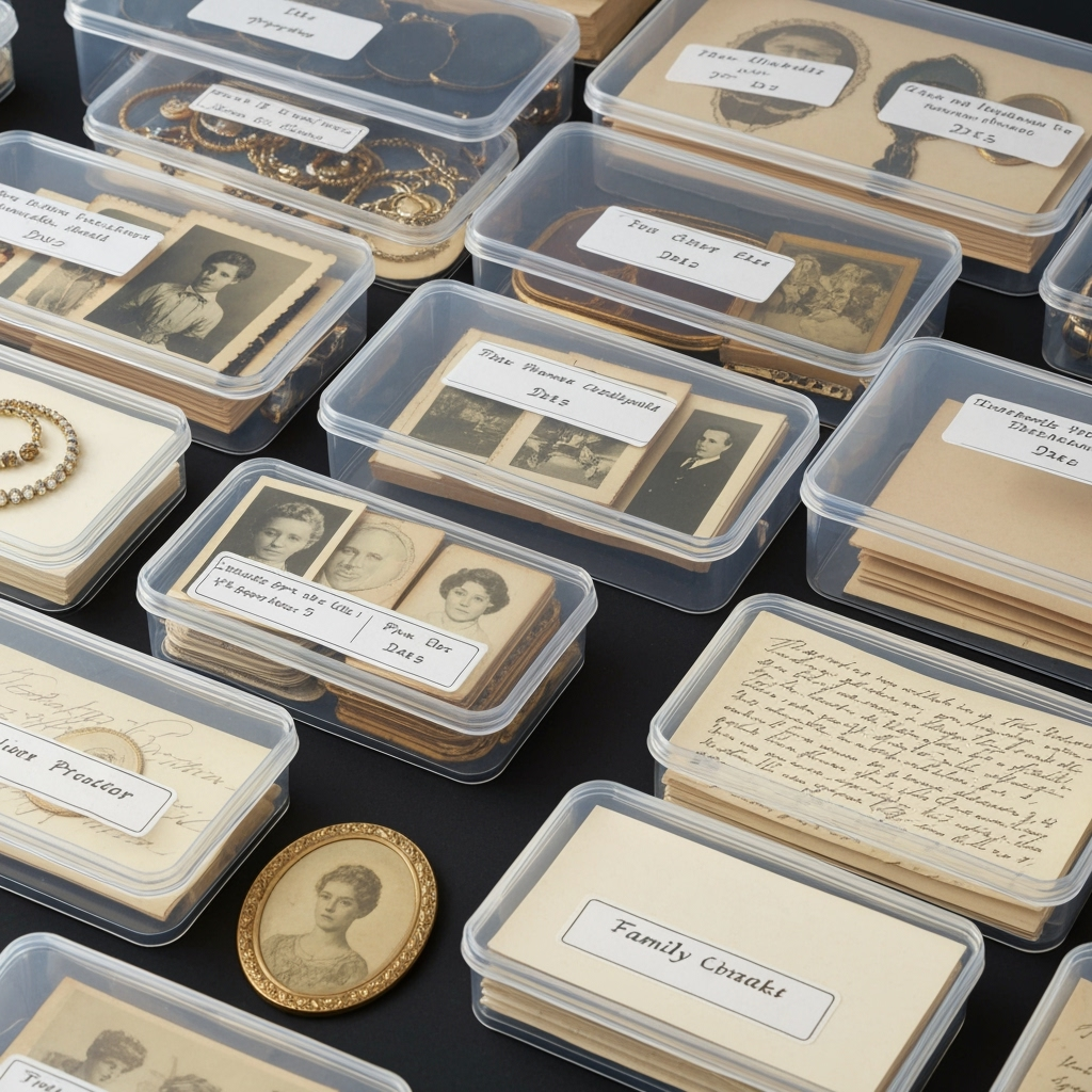 Organized memorabilia and family heirlooms in storage