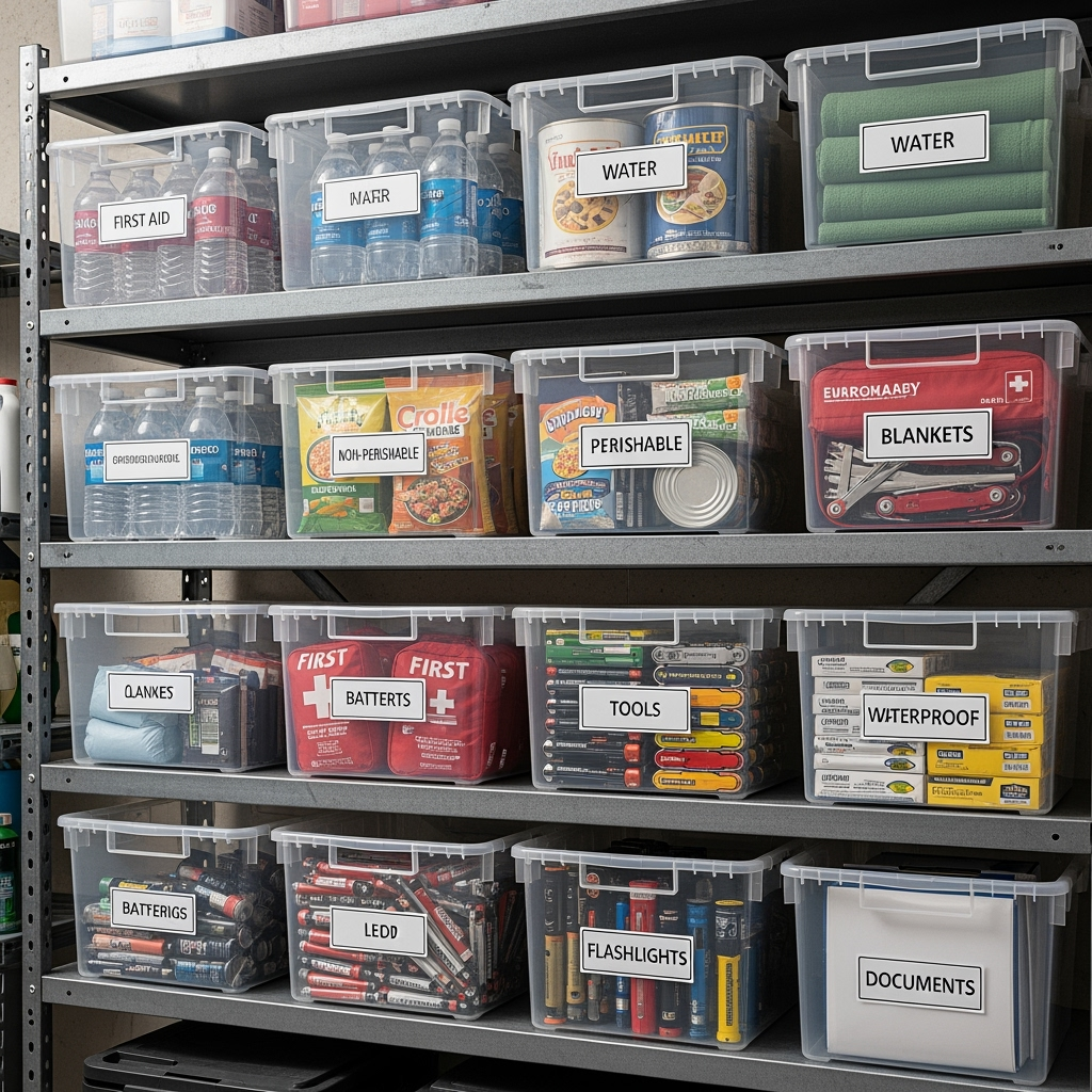 Emergency storage supplies in clear bins