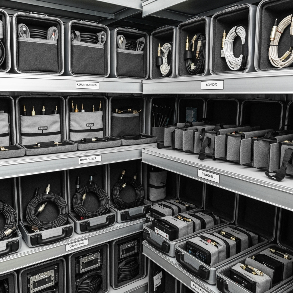 Organized audio cables and accessories in protective storage