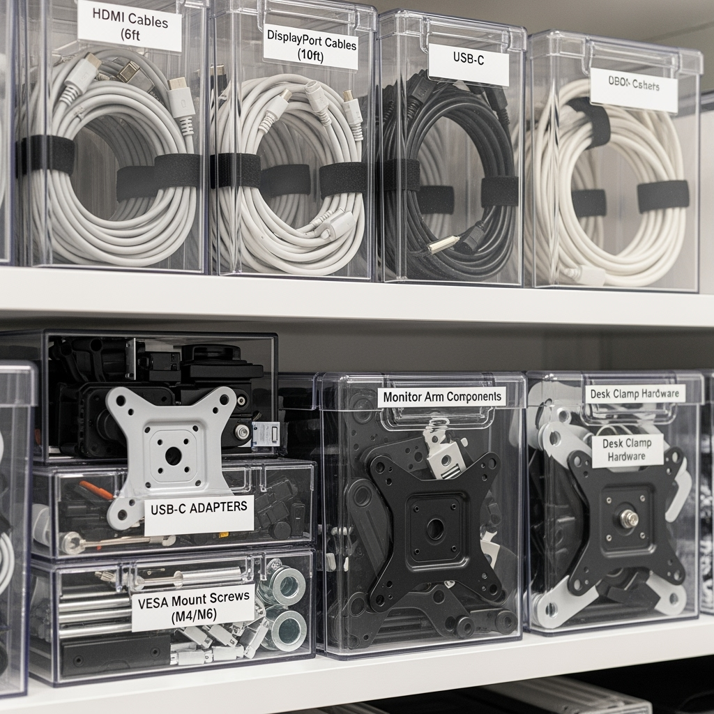 Organized cable management and monitor mounting hardware storage