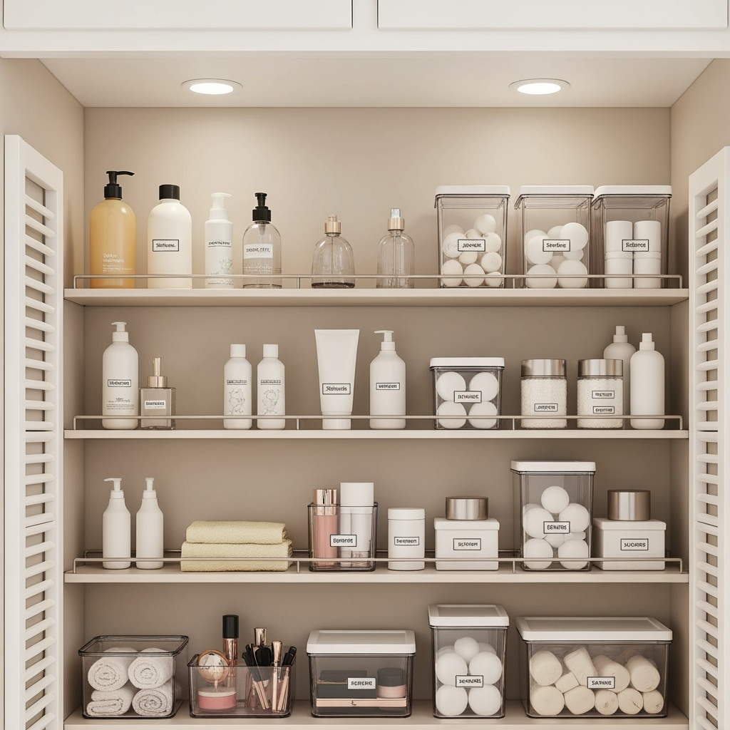 Organized climate-controlled storage setup for bathroom essentials