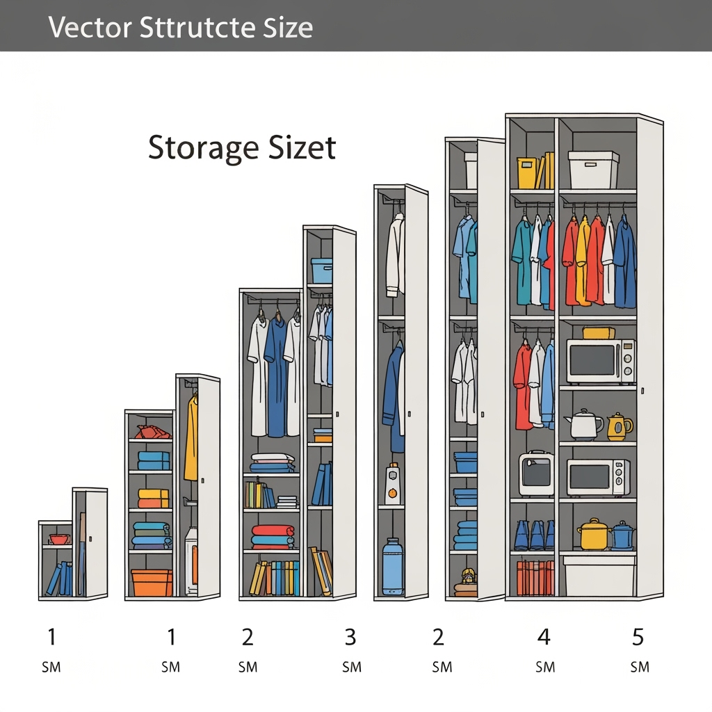 Storage unit size comparison diagram with common household items for scale
