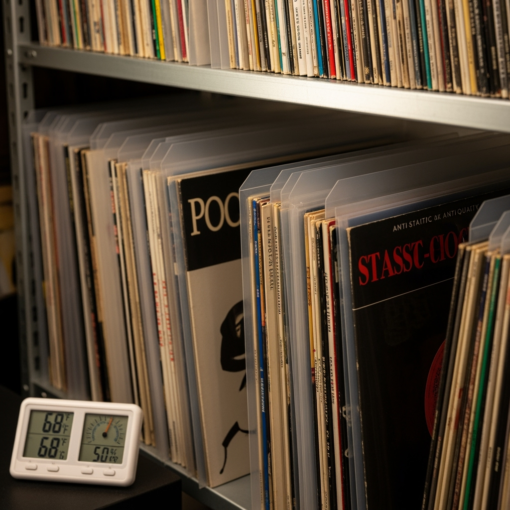 Properly stored vinyl records in protective sleeves