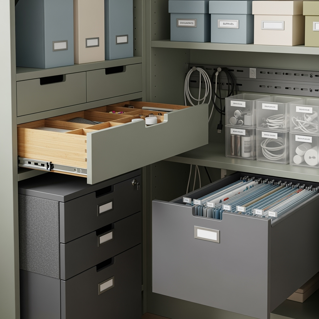 Detailed view of sensory-friendly storage solutions for home office