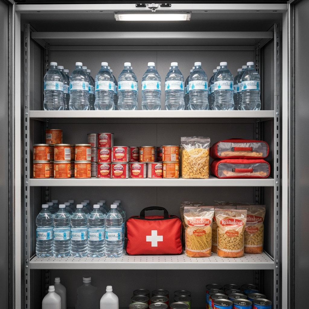 Emergency supplies properly stored in a storage unit