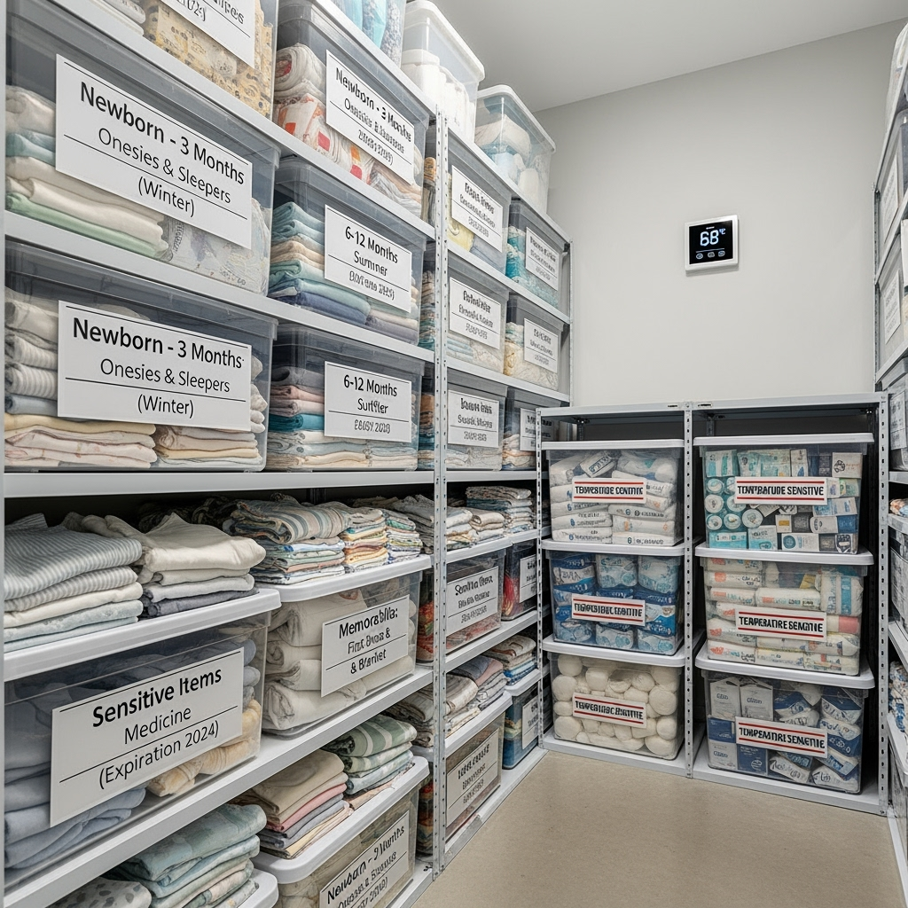 Organized baby clothes and supplies in climate-controlled storage